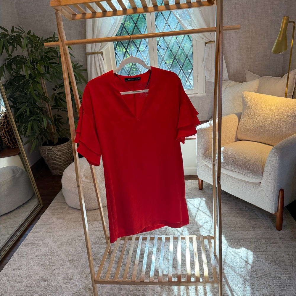 Zara Bold Red V-Neck Ruffle Sleeve Tunic